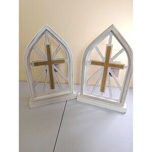 Willow Spring Wood Arch Window Cross Bookends Set of 2 White/Brown 12 in